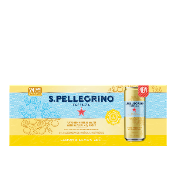 8 count 3 boxes front of pack of s.pellegrino essenza lemon zest sparkling natural mineral water - slim cans Image2
