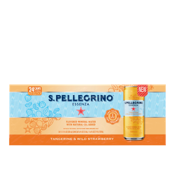 8x3 front of pack of s.pellegrino essenza tangerine & wild strawberry sparkling natural mineral water - slim cans Image2