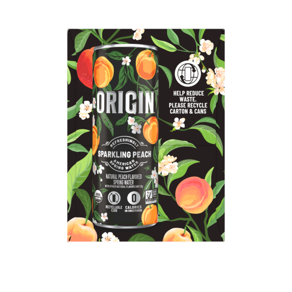 origin peach flavored sparkling water 12 ounce can leaf background Image2