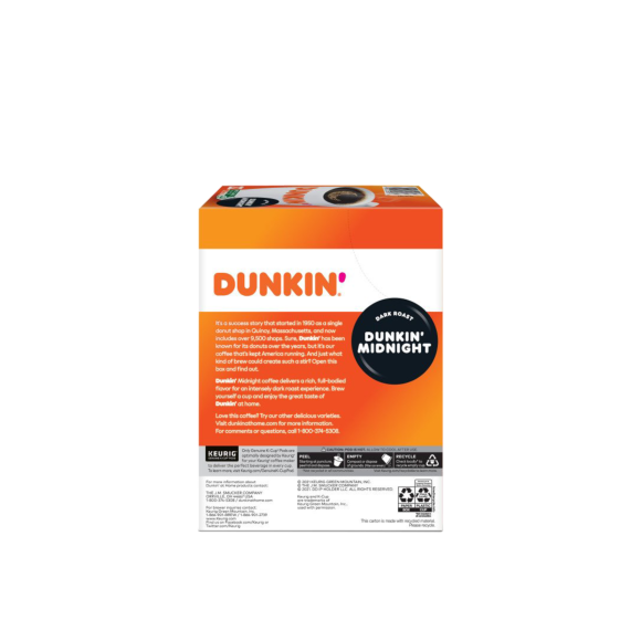 back label of dunkin donuts k cup dark roast coffee flavor midnight 1 box with 22 count Image1
