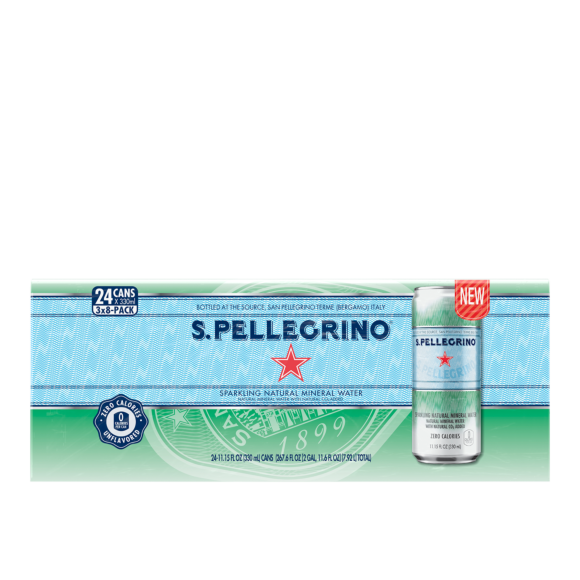 8 count 3 boxes front of pack of s.pellegrino essenza unflavored sparkling natural mineral water - slim cans Image2