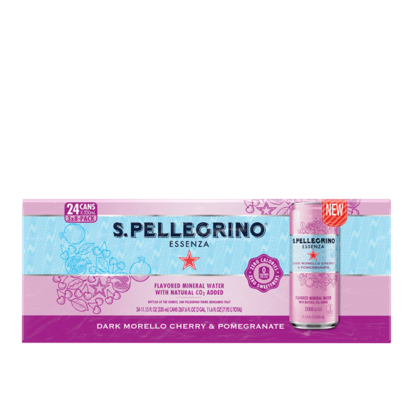 8 count 3 boxes front of pack of s.pellegrino essenza dark cherry morello & pomegranate sparkling natural mineral water - slim cans Image2