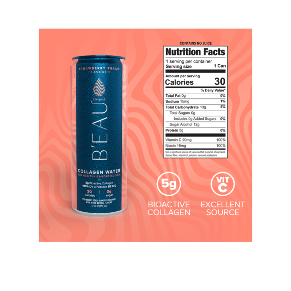 nutrition info label on a can of strawberry peach beau collagen water Image3