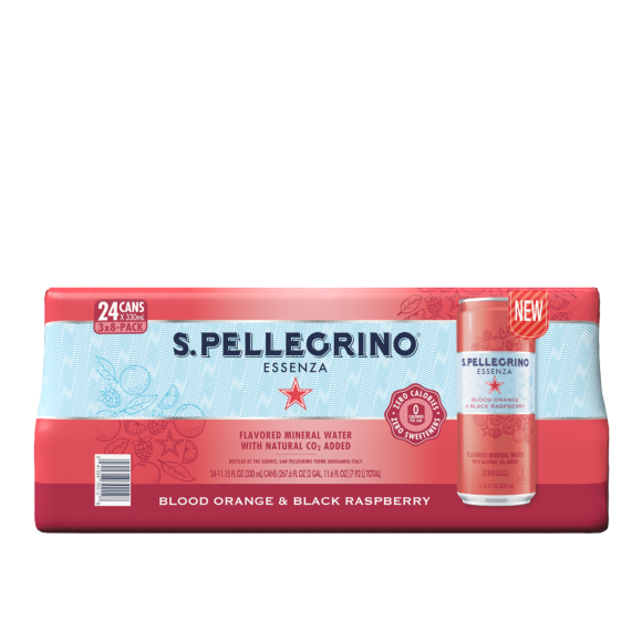8 count 3 boxes front of pack of s.pellegrino essenza blood orange & black raspberry sparkling natural mineral water - slim cans Image2