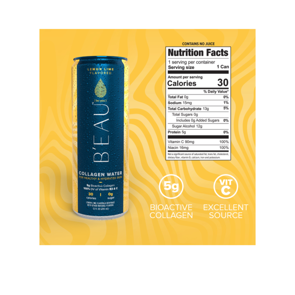 nutrition info label on a can of lemon lime beau collagen water Image3