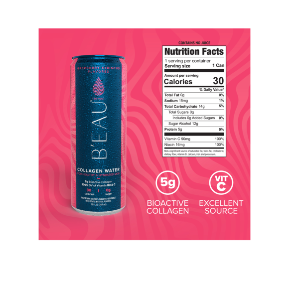 nutrition info label on a can of raspberry hibiscus beau collagen water Image3